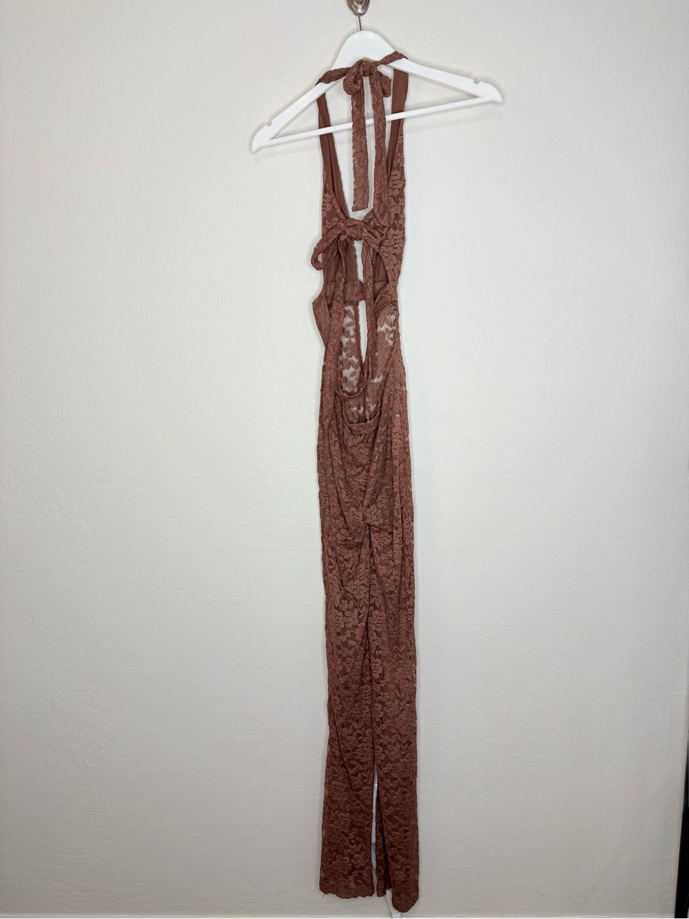 Outcast Lace Flare Jumpsuit Brown XS Halter Cutout Sheer Festival Outfit - Picture 4 of 8